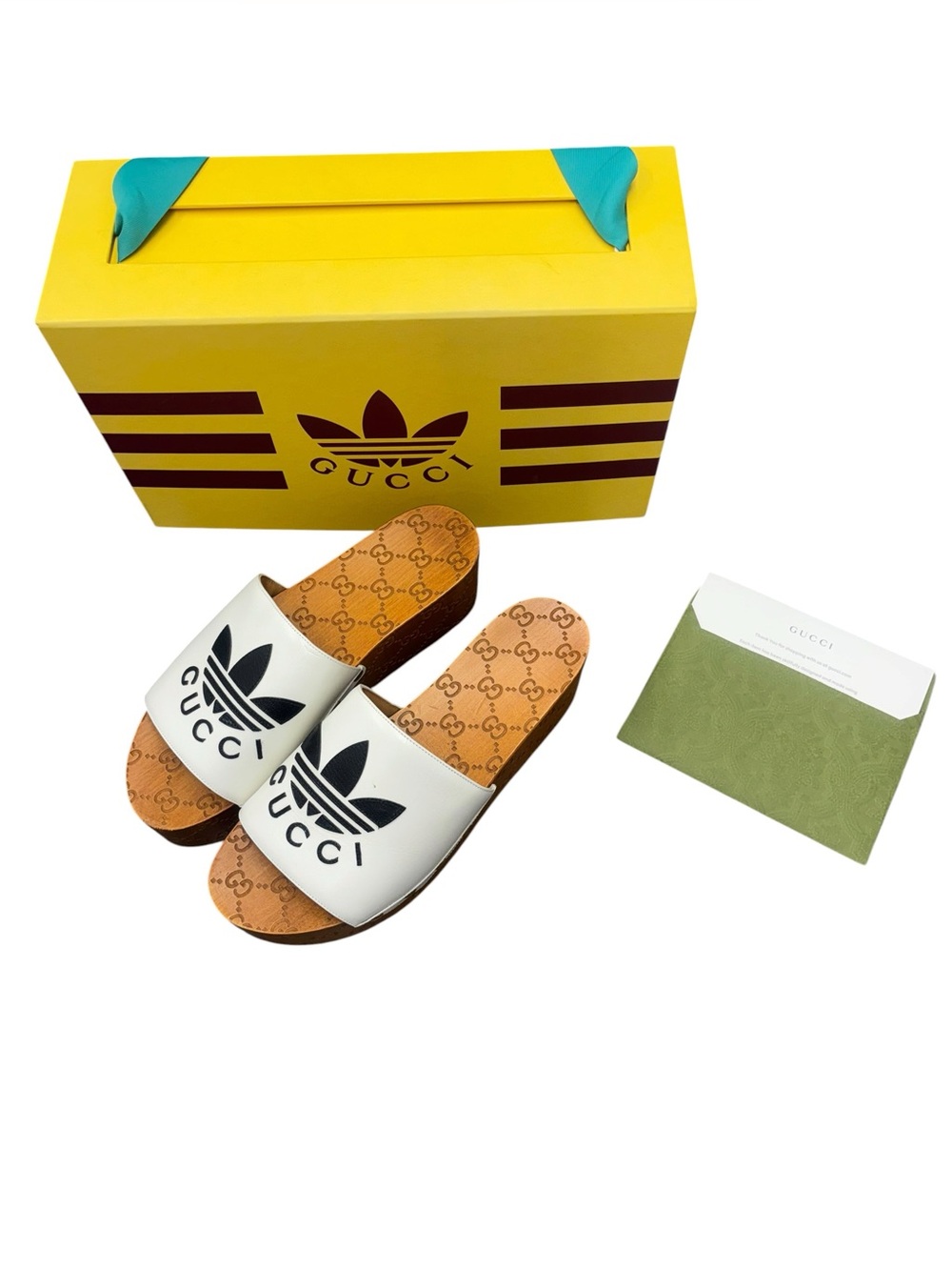 GUCCI X ADIDAS Women's White
Leather GG Monogram Platform Clogs
Shoes Sz 11 NEW